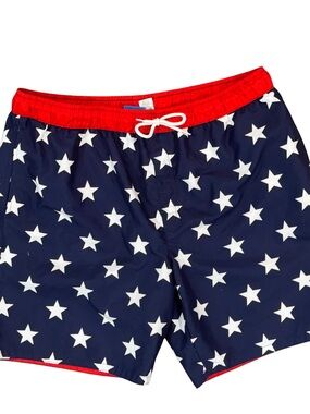 Men's Navy Star Print Swim Shorts with Red Waistband